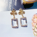 Chic 925 Sterling Silver Needle Gold Leave Square Transparent Crystal Drop Earrings for Women